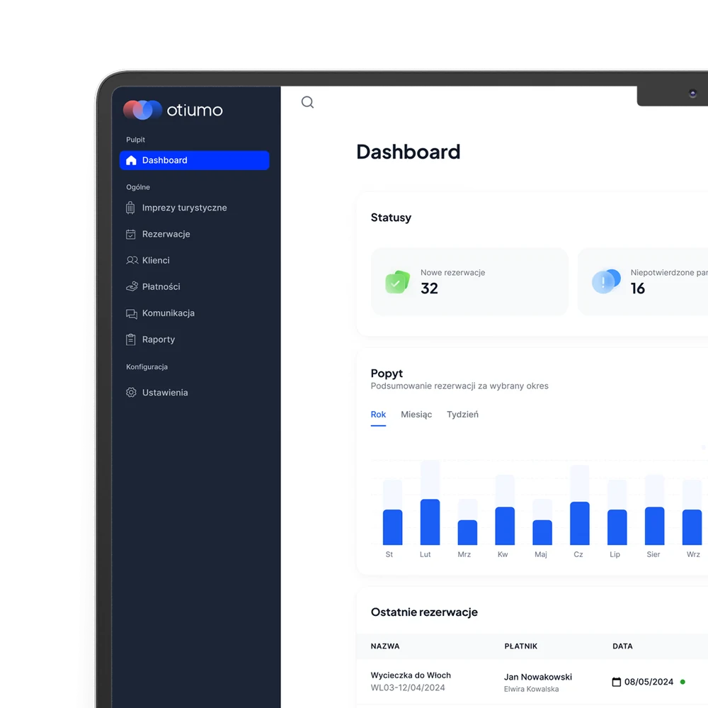 Dashboard Otiumo na ekranie laptopa: statusy, popyt i ostatnie rezerwacje