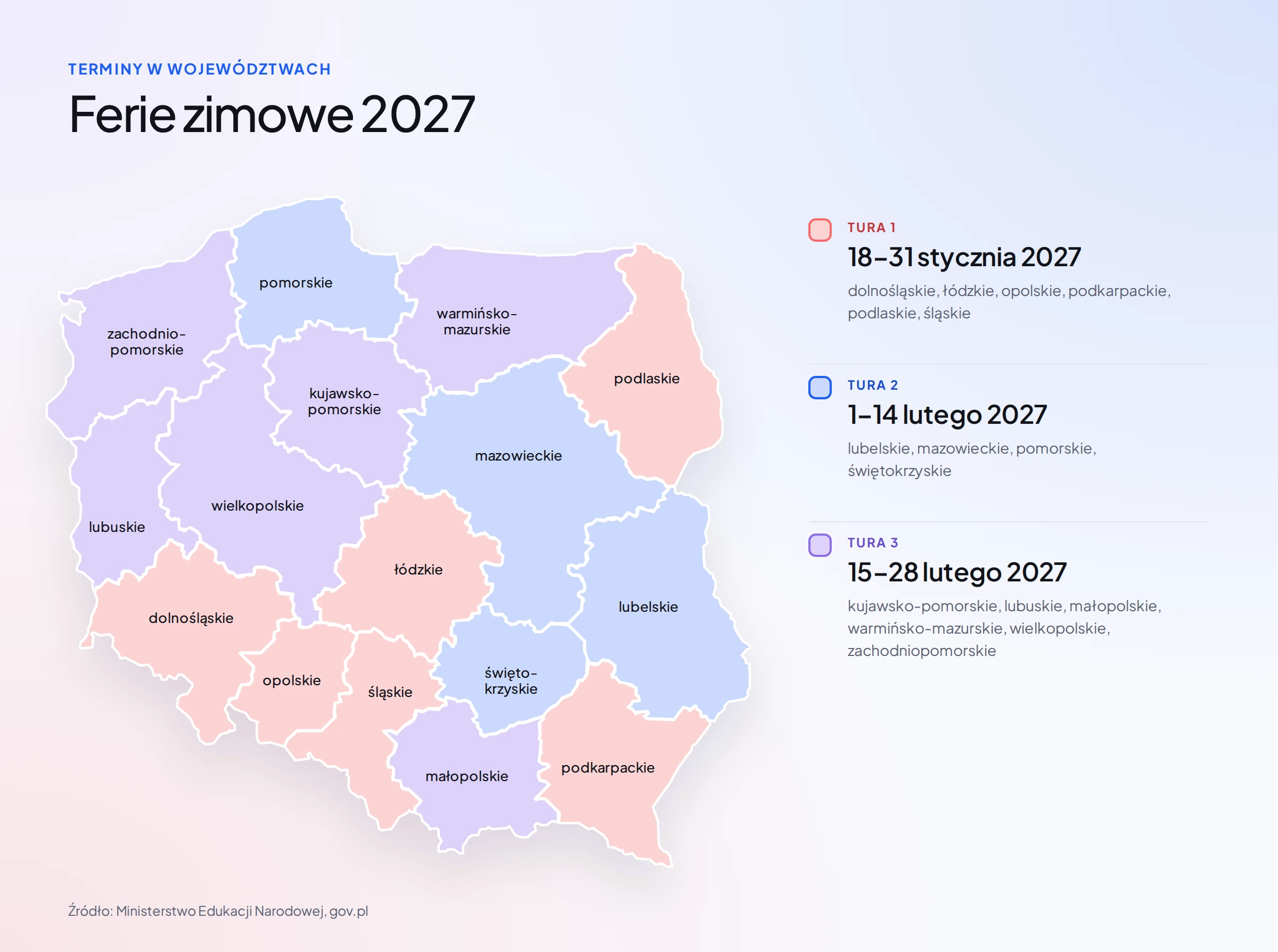 Mapa ferii zimowych 2027 w województwach