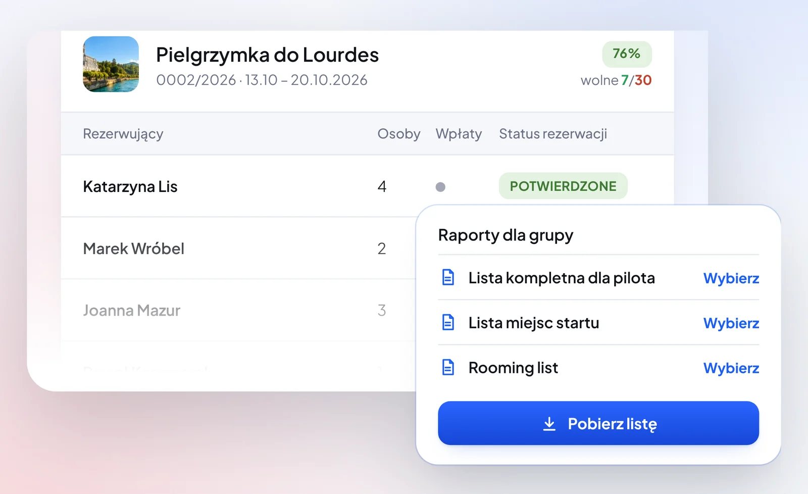 Pielgrzymka w Otiumo – lista rezerwacji i raporty dla grupy
